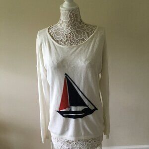 Sailboat Slouch Off Shoulder White Red Sweater